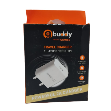 Obuddy POED GIONEE  TRAVEL CHARGER  ALL-ROUND PROTECTION  OVERCHARGE PROTECTION  GIONEE  SHORT CIRCUIT PROTECTION  COMPACT AND  POWERFUL 2A CHARGER